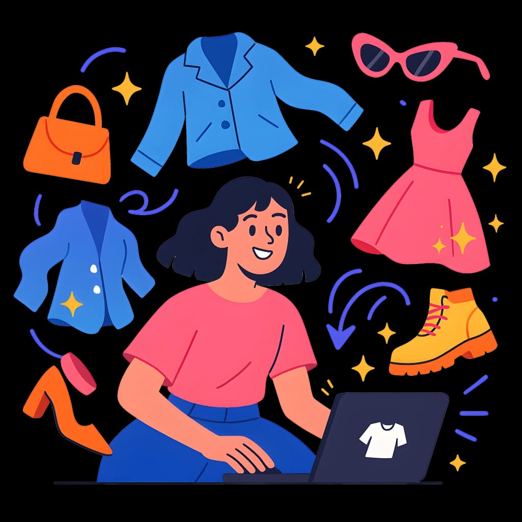 A vibrant flat-style illustration of a confident young woman exploring her digital closet. She sits at her laptop, surrounded by swirling outfits and accessories — dresses, jackets, shoes, and bags — in bold, cheerful colors. The playful energy and motion capture the magic of trying on anything, anytime, with just a click.